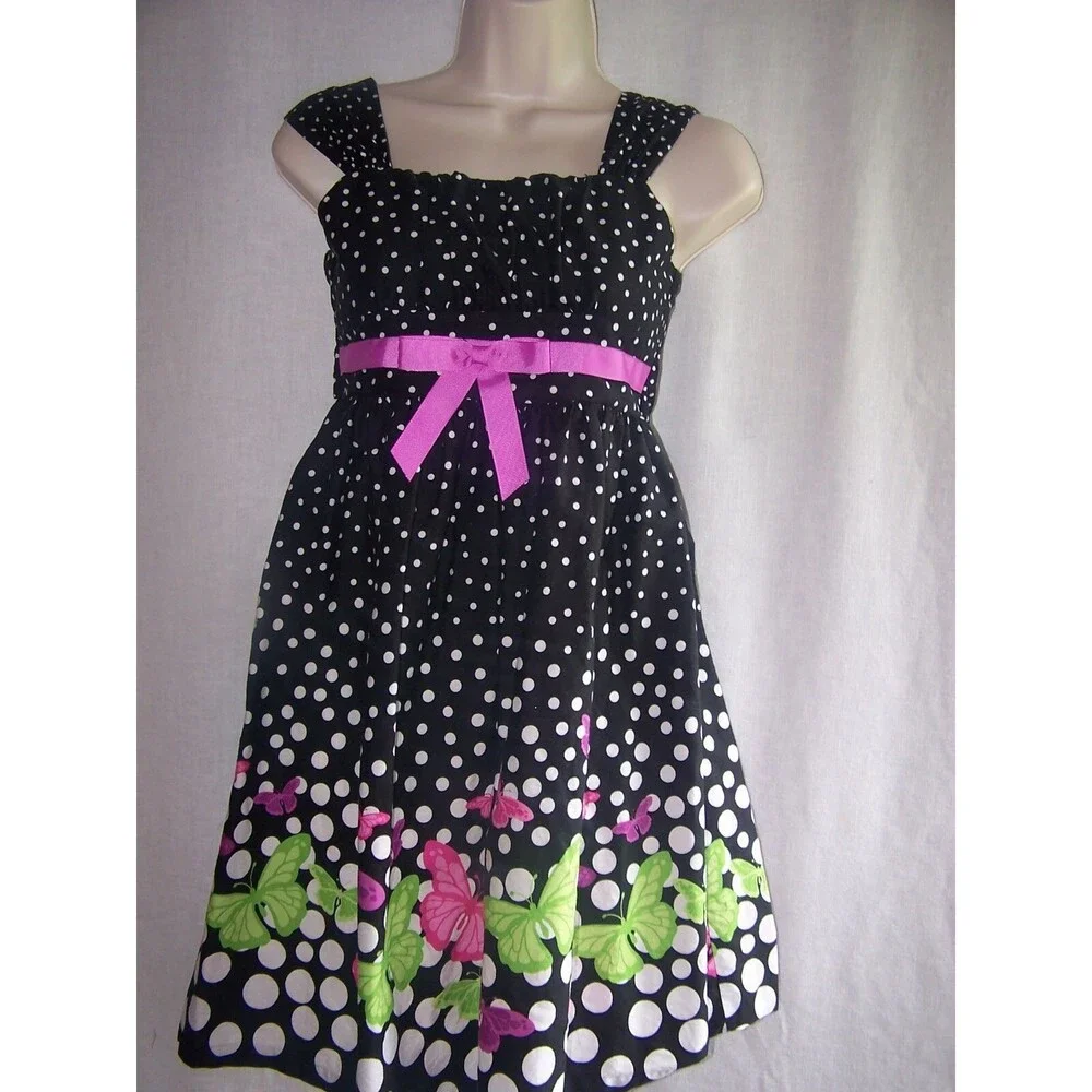 Girls JESSICA ANN BLACK AND‎ WHITE/ POKADOT W/ PINK BUTTERFLY'S  Dress Size 12